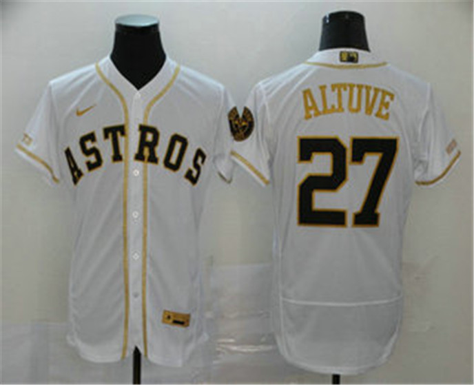 2020 Houston Astros #27 Jose Altuve White With Gold Stitched MLB Flex Base Nike Jersey