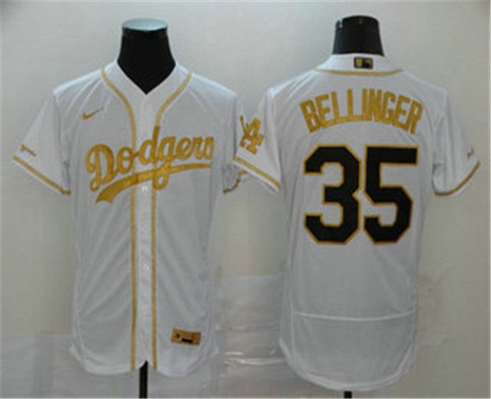 2020 Los Angeles Dodgers #35 Cody Bellinger White With Gold Stitched MLB Flex Base Nike Jersey