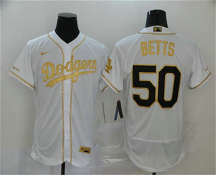 2020 Los Angeles Dodgers #50 Mookie Betts White With Gold Stitched MLB Flex Base Nike Jersey