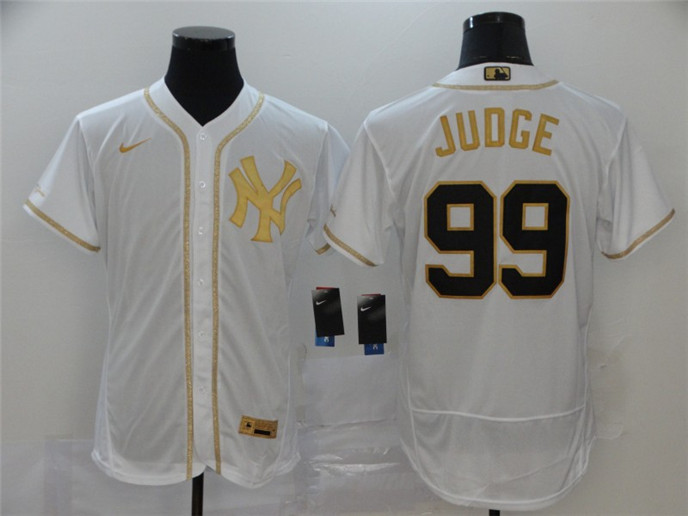 2020 New York Yankees #99 Aaron Judge White Golden Stitched MLB Flex Base Nike Jersey