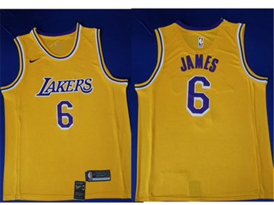 2020 Men's Nike Los Angeles Lakers #6 LeBron James Purple Number Yellow Stitched NBA Jersey