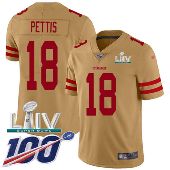 2020 Nike 49ers #18 Dante Pettis Gold Super Bowl LIV Men's Stitched NFL Limited Inverted Legend 100t