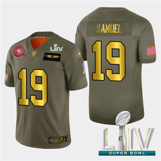 2020 Nike 49ers #19 Deebo Samuel Men's Olive Gold Super Bowl LIV 2019 Salute to Service NFL 100 Limi