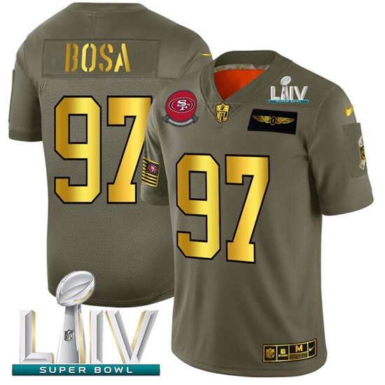 2020 San Francisco 49ers #97 Nick Bosa NFL Men's Nike Olive Gold Super Bowl LIV 2019 Salute to Servi