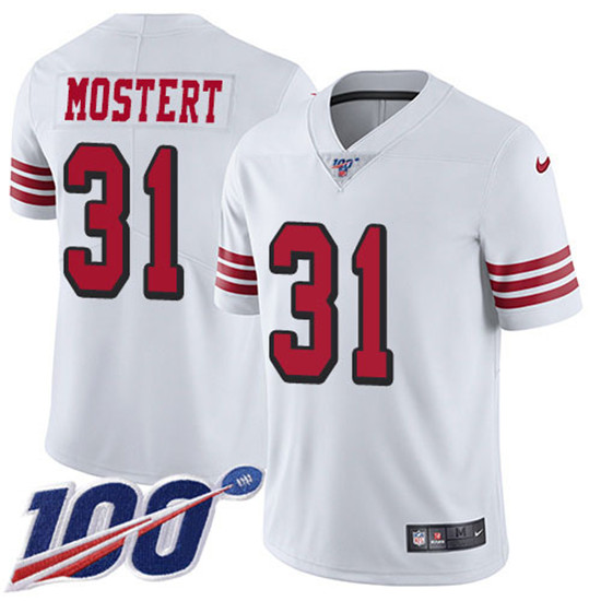 2020 Nike 49ers #31 Raheem Mostert White Men's Stitched NFL Limited Rush 100th Season Jersey