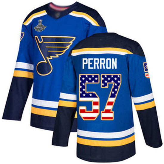 2020 Blues #57 David Perron Blue Home Authentic USA Flag Stanley Cup Champions Stitched Hockey Jerse