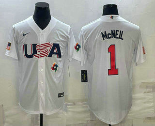 Men's USA Baseball #1 Jeff McNeil 2023 White World Classic Stitched Jerseys