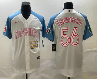 Men's Mexico Baseball #56 Randy Arozarena Number 2023 White Blue World Classic Stitched Jerseys