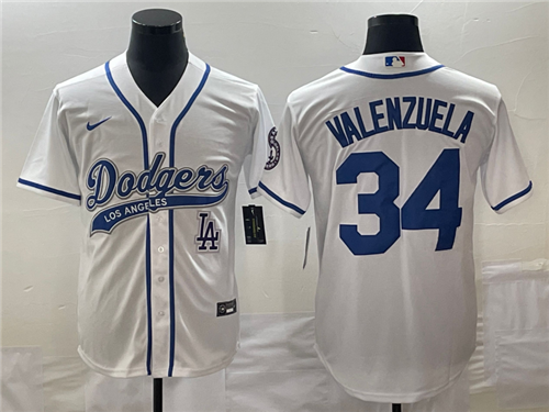 Men's Los Angeles Dodgers #34 Fernando Valenzuela White With Patch Cool Base Stitched Baseball Jerse