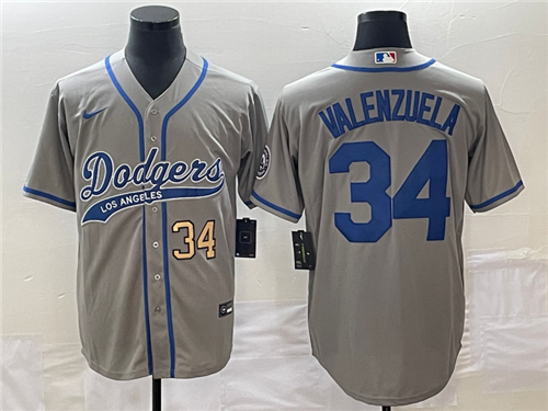 Men's Los Angeles Dodgers #34 Fernando Valenzuela Number Grey With Patch Cool Base Stitched Baseball