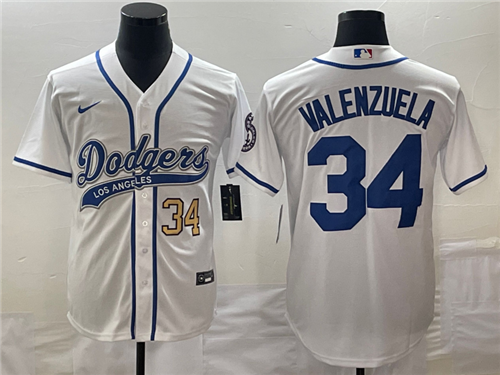 Men's Los Angeles Dodgers #34 Fernando Valenzuela Number White With Patch Cool Base Stitched Basebal