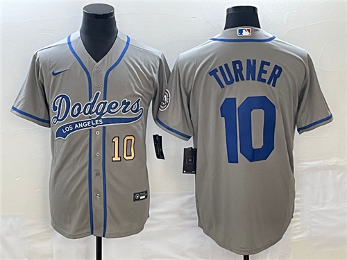 Men's Los Angeles Dodgers #10 Justin Turner Number Grey With Patch Cool Base Stitched Baseball Jerse