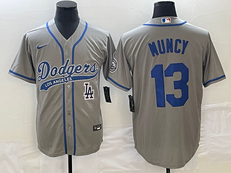 Men's Los Angeles Dodgers #13 Max Muncy Grey With Patch Cool Base Stitched Baseball Jersey1