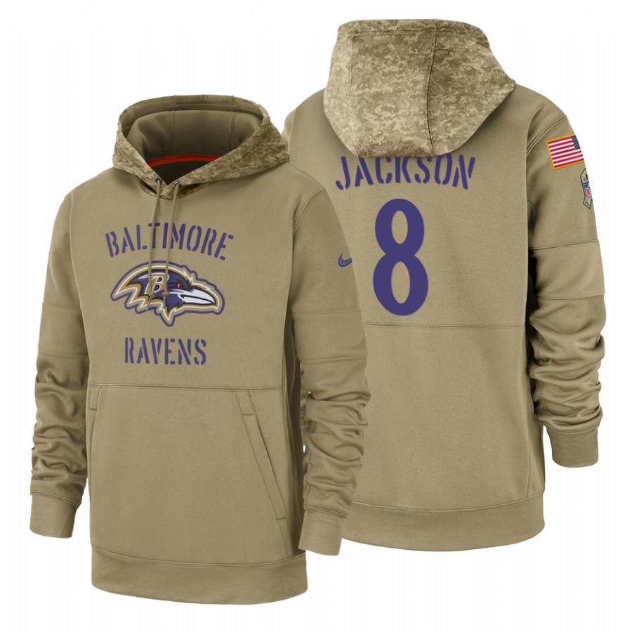 Baltimore Ravens #8 Lamar Jackson Nike Tan 2019 Salute To Service Name & Number Sideline Therma Pull