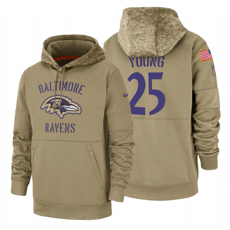Baltimore Ravens #25 Tavon Young Nike Tan 2019 Salute To Service Name & Number Sideline Therma Pullo