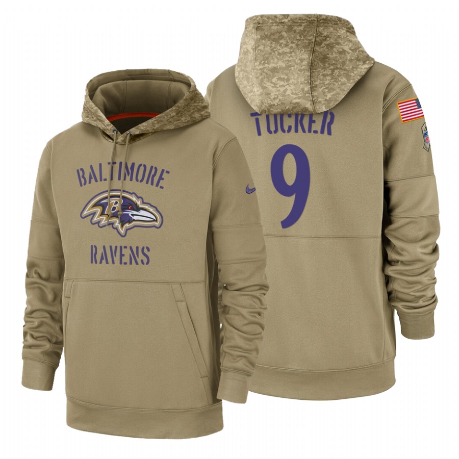 Baltimore Ravens #9 Justin Tucker Nike Tan 2019 Salute To Service Name & Number Sideline Therma Pull