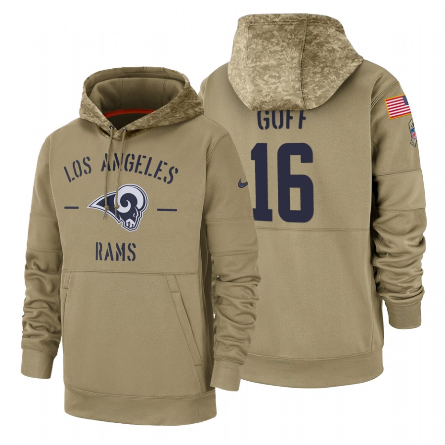 Los Angeles Rams #16 Jared Goff Nike Tan 2019 Salute To Service Name & Number Sideline Therma Pullov