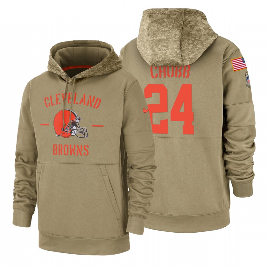 Cleveland Browns #24 Nick Chubb Nike Tan 2019 Salute To Service Name & Number Sideline Therma Pullov