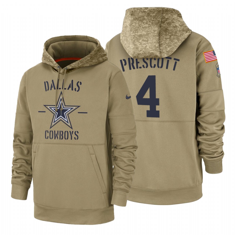 Dallas Cowboys #4 Dak Prescott Nike Tan 2019 Salute To Service Name & Number Sideline Therma Pullove