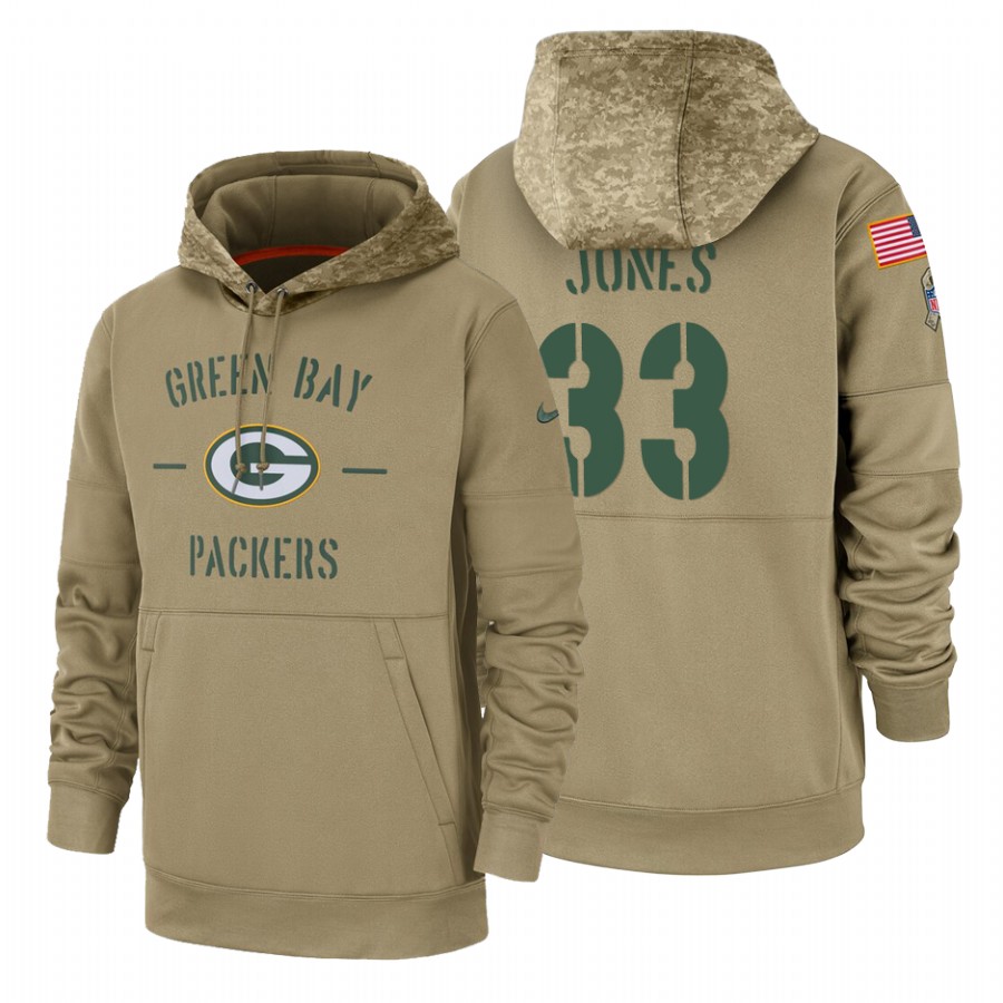 Green Bay Packers #33 Aaron Jones Nike Tan 2019 Salute To Service Name & Number Sideline Therma Pull