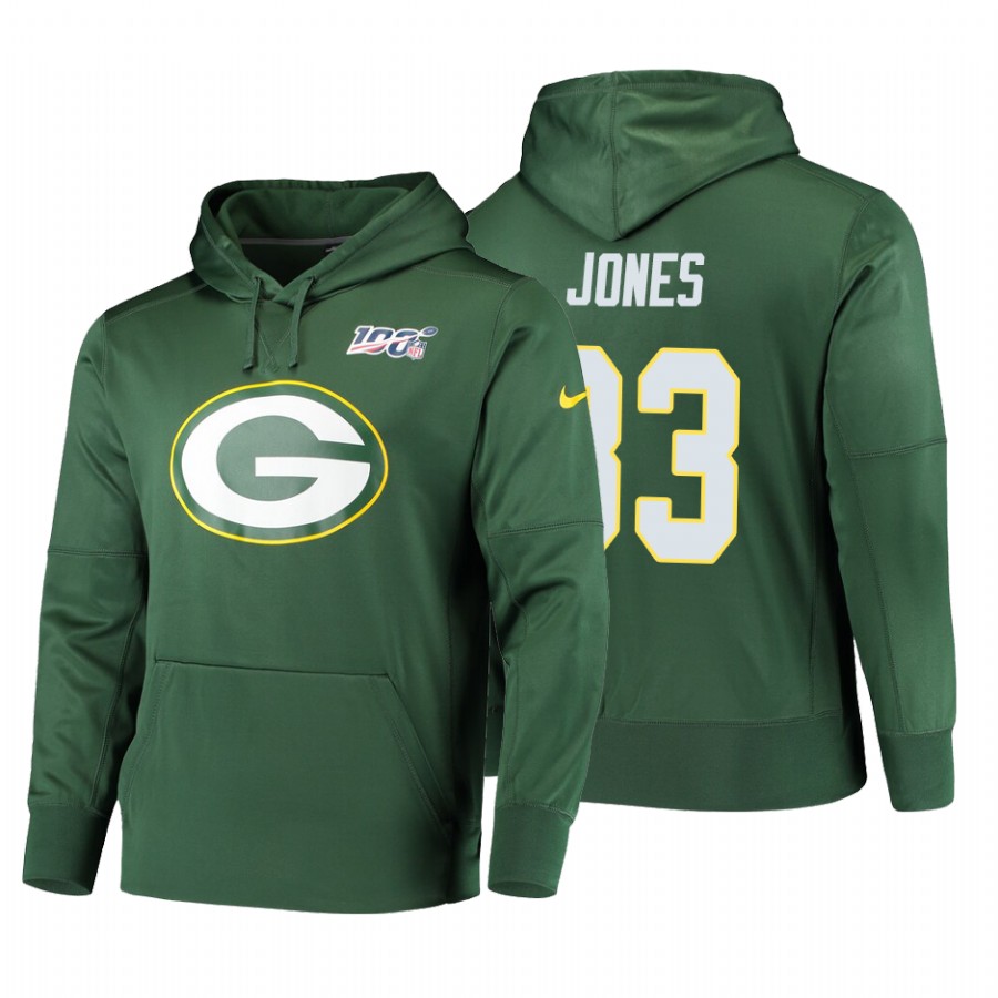 Green Bay Packers #33 Aaron Jones Nike 100 Primary Logo Circuit Name & Number Pullover Hoodie Green