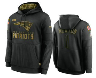 New England Patriots #1 Cam Newton Black 2020 Salute To Service Sideline Performance Pullover Hoodie