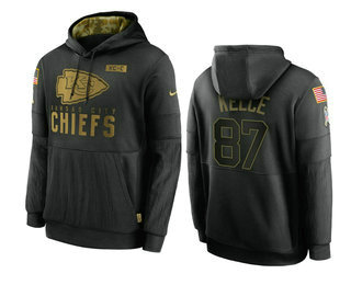 Kansas City Chiefs #87 Travis Kelce Black 2020 Salute To Service Sideline Performance Pullover Hoodi