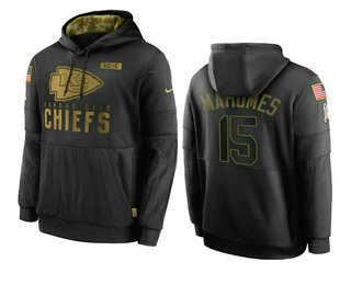 Kansas City Chiefs #15 Patrick Mahomes Black 2020 Salute To Service Sideline Performance Pullover Ho