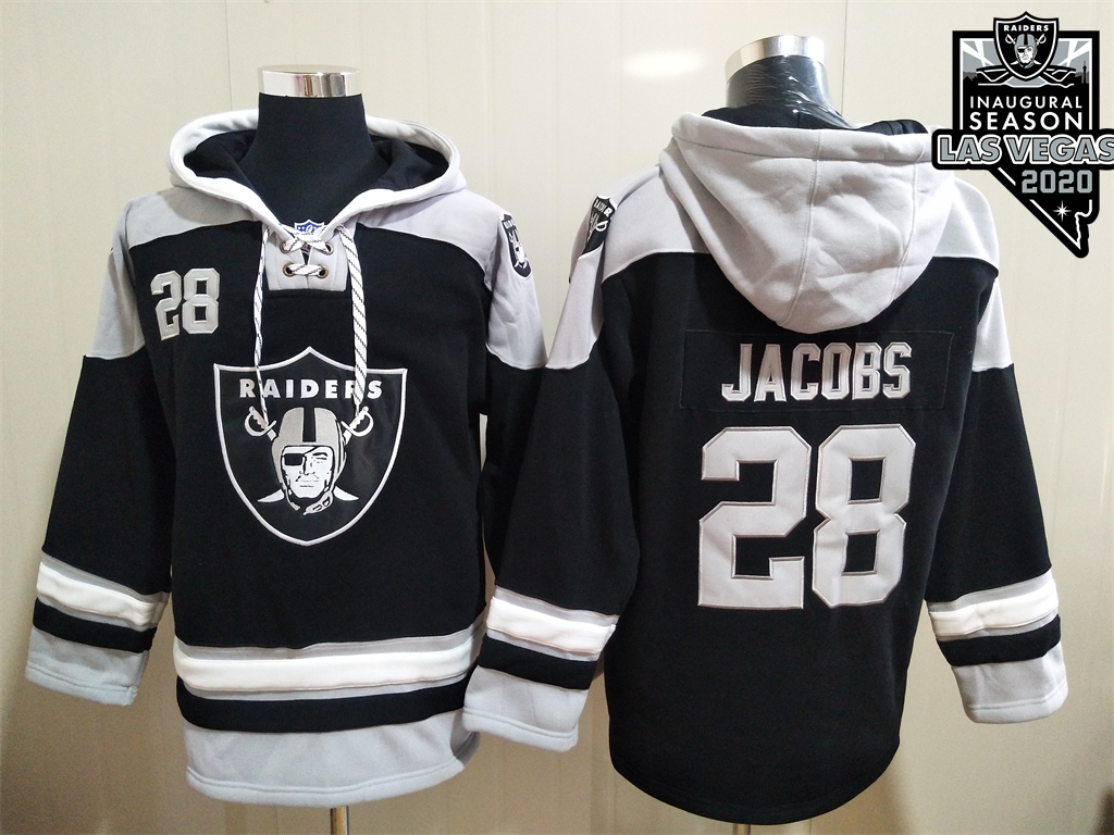 Las Vegas Raiders #28 Josh Jacobs NEW Black 2020 Inaugural Season Pocket Stitched Pullover Hoodie