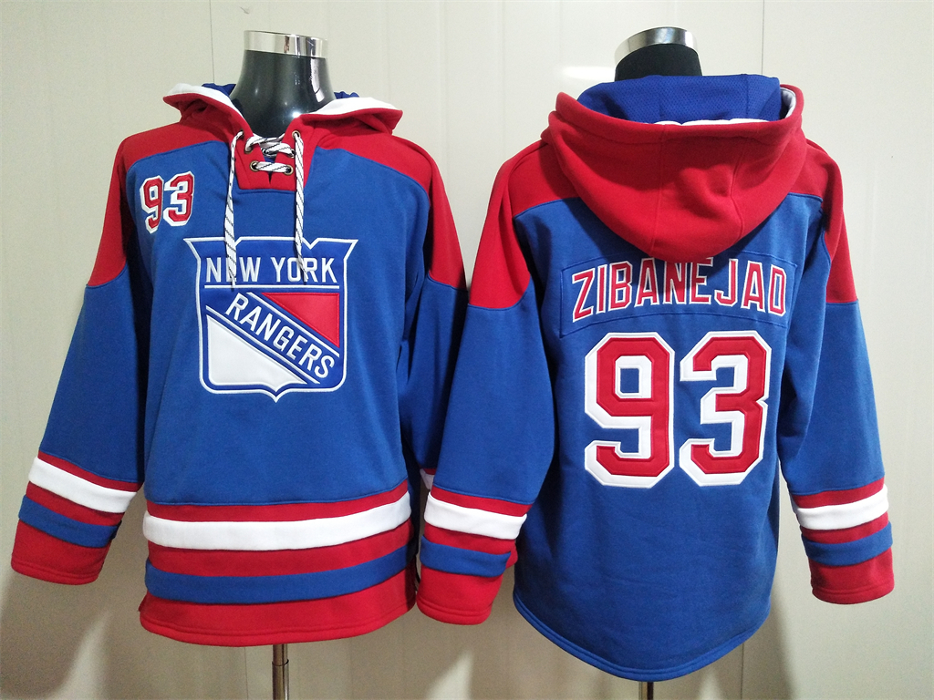 New York Rangers #93 Mika Zibanejad Blue Ageless Must Have Lace Up Pullover Hoodie