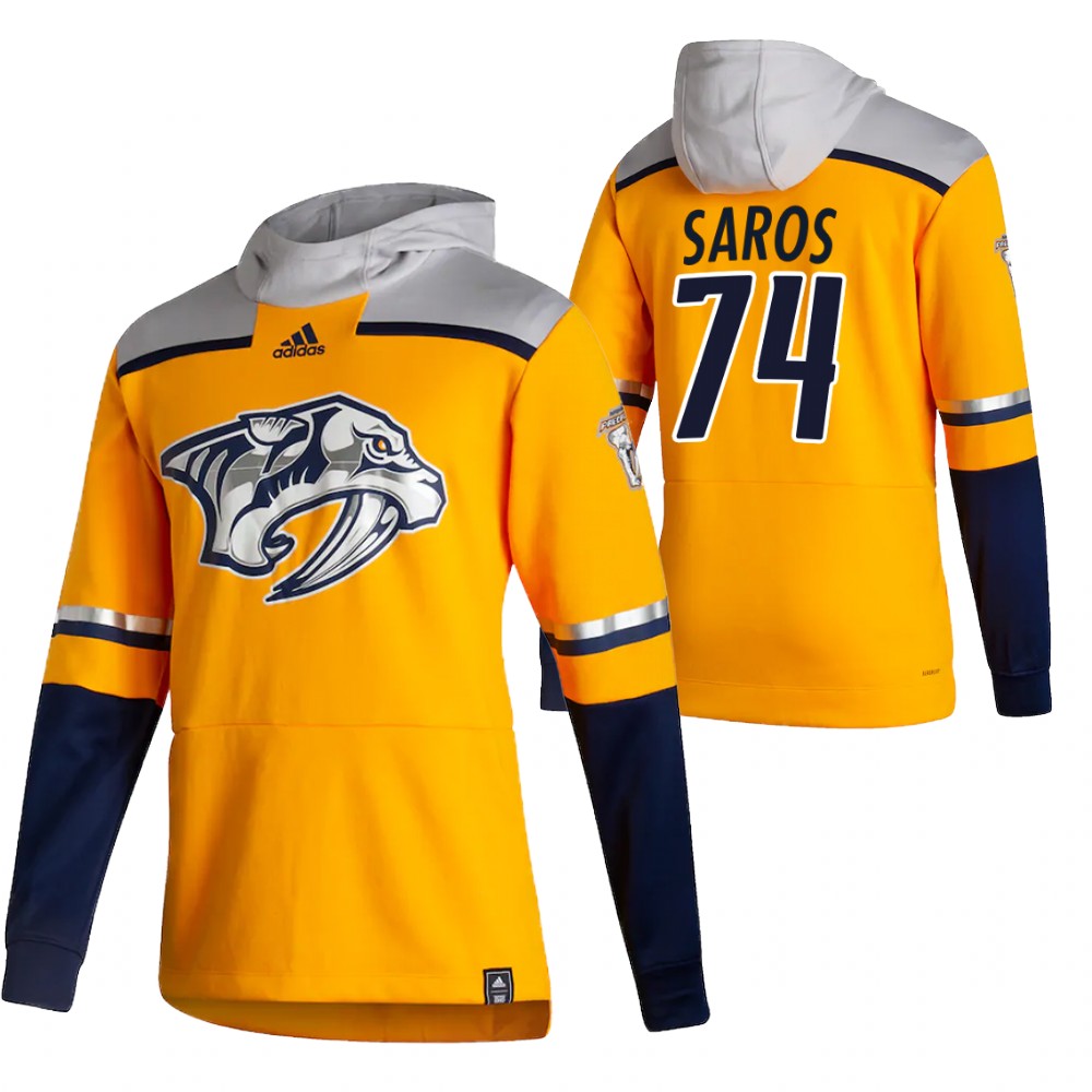 Nashville Predators #74 Juuse Saros Adidas Reverse Retro Pullover Hoodie Gold