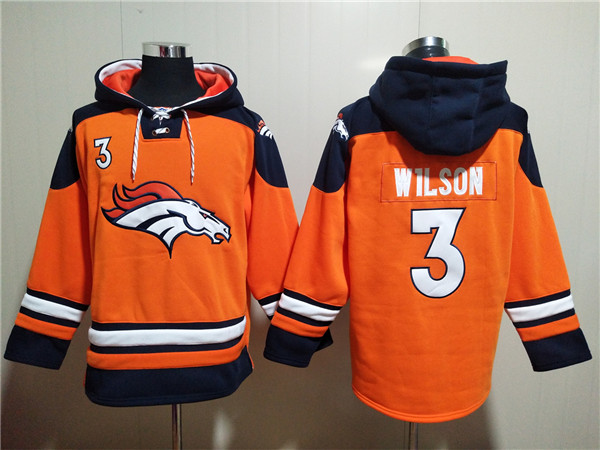 Denver Broncos #3 Russell Wilson Orange Ageless Must Have Lace Up Pullover Hoodie