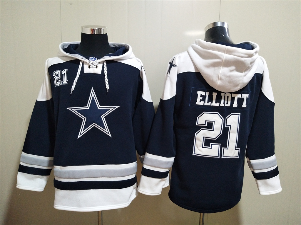 Dallas Cowboys #21 Ezekiel Elliott Navy Blue Ageless Must Have Lace Up Pullover Hoodie