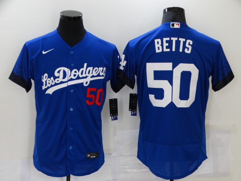 Los Angeles Dodgers #50 Mookie Betts Blue 2021 City Connect Flex Base Stitched Jersey