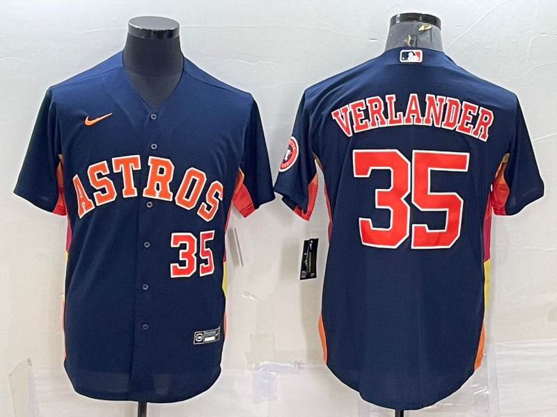 Houston Astros #35 Justin Verlander Number Navy Blue With Patch Stitched MLB Cool Base Nike Jersey