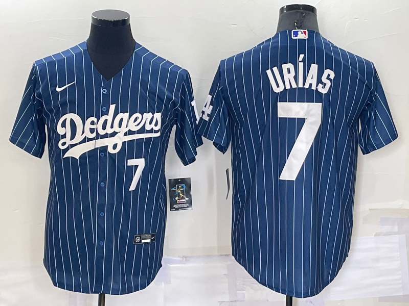 Los Angeles Dodgers #7 Julio Urias Number Navy Blue Pinstripe Stitched MLB Cool Base Nike Jersey