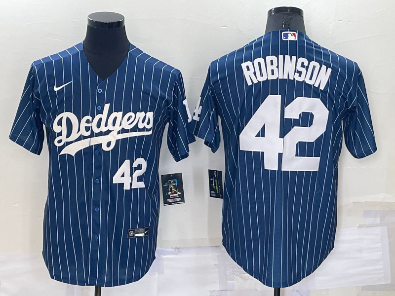 Los Angeles Dodgers #42 Jackie Robinson Number Navy Blue Pinstripe Stitched MLB Cool Base Nike Jerse