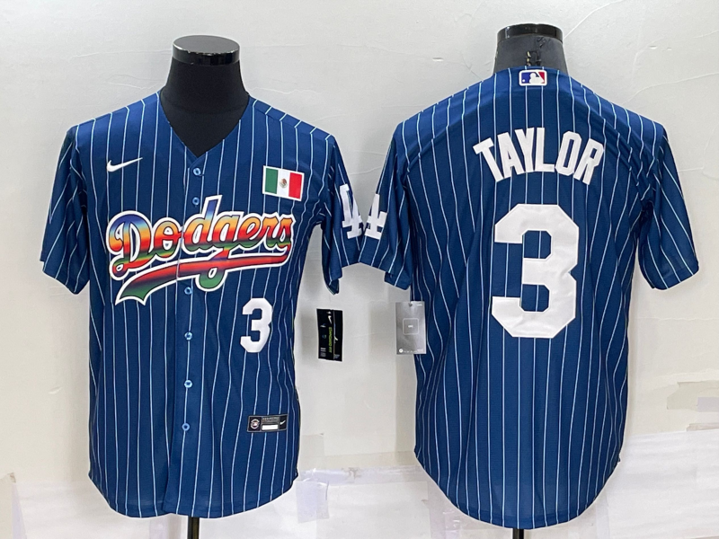 Los Angeles Dodgers #3 Chris Taylor Number Rainbow Blue Red Pinstripe Mexico Cool Base Nike Jersey