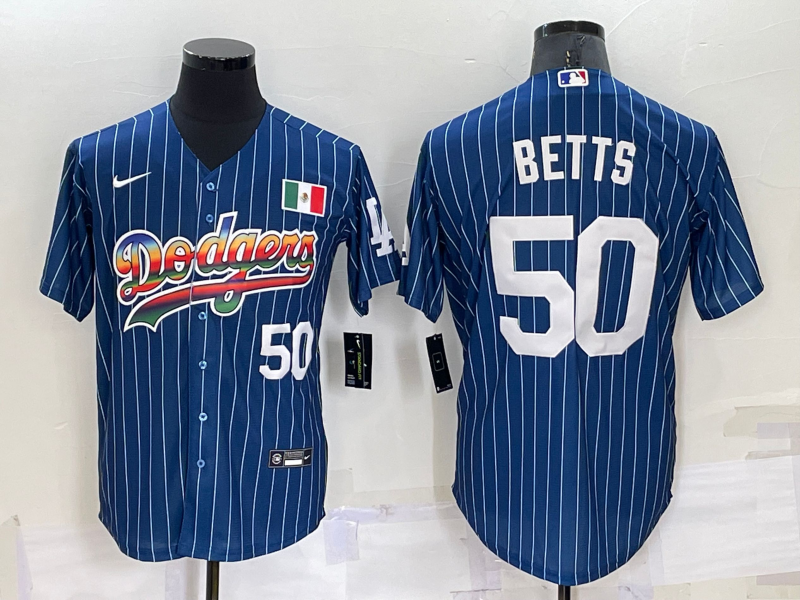 Los Angeles Dodgers #50 Mookie Betts Number Rainbow Blue Red Pinstripe Mexico Cool Base Nike Jersey