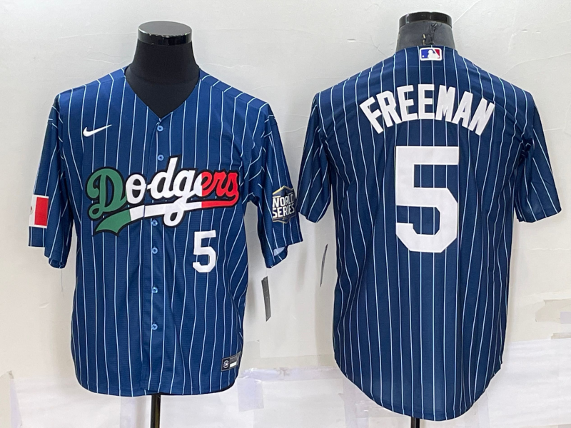 Los Angeles Dodgers #5 Freddie Freeman Number Navy Blue Pinstripe 2020 World Series Cool Base Nike J