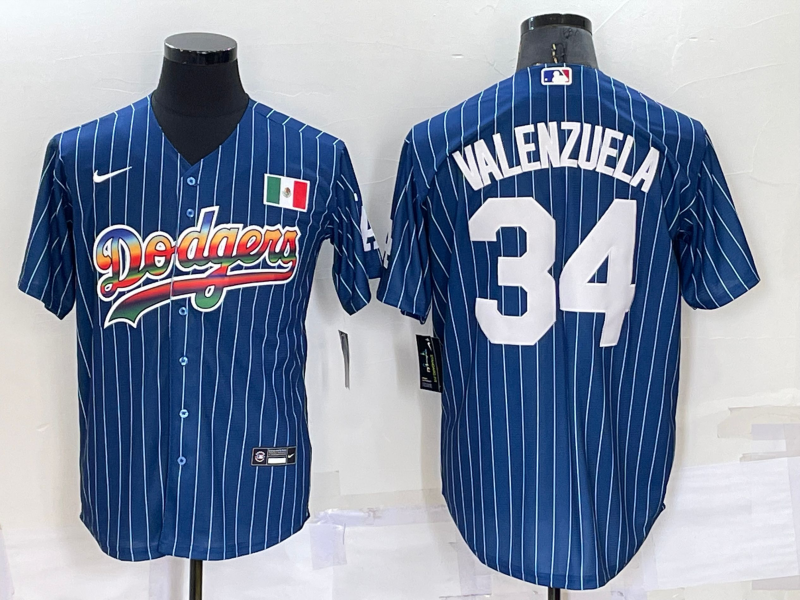 Los Angeles Dodgers #34 Fernando Valenzuela Rainbow Blue Red Pinstripe Mexico Cool Base Nike Jersey