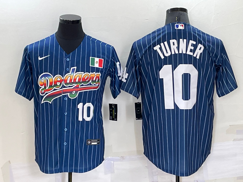 Los Angeles Dodgers #10 Justin Turner Number Rainbow Blue Red Pinstripe Mexico Cool Base Nike Jersey