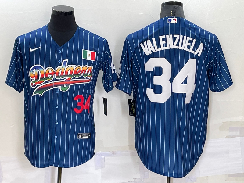 Los Angeles Dodgers #34 Fernando Valenzuela Number Navy Blue Pinstripe 2020 World Series Cool Base N