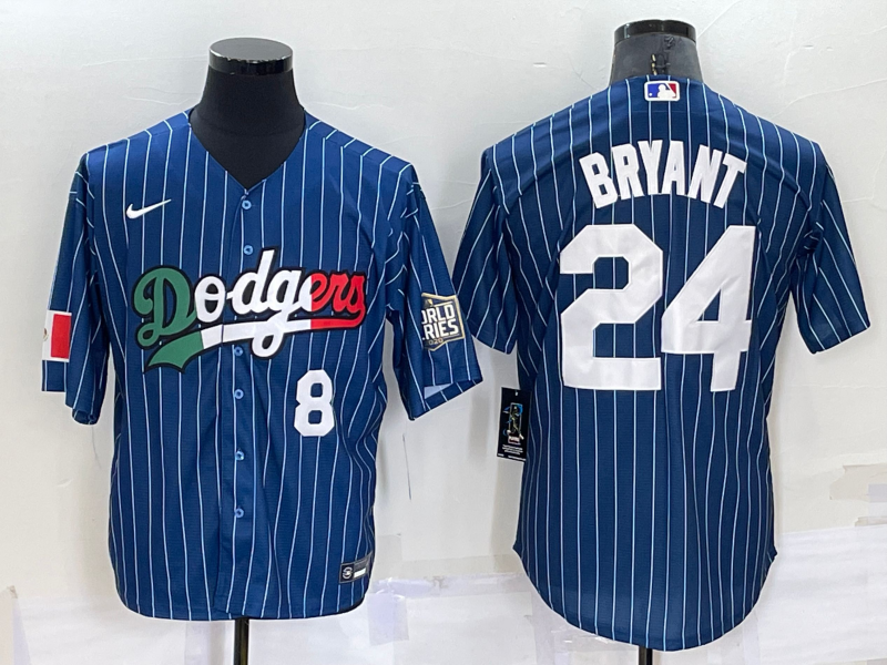 Los Angeles Dodgers #8 #24 Kobe Bryant Number Navy Blue Pinstripe 2020 World Series Cool Base Nike J