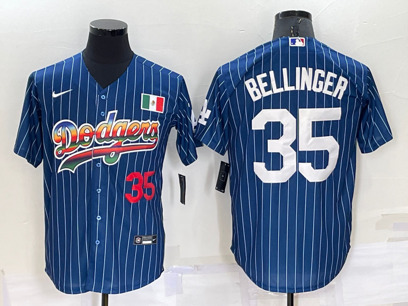 Los Angeles Dodgers #35 Cody Bellinger Number Rainbow Blue Red Pinstripe Mexico Cool Base Nike Jerse