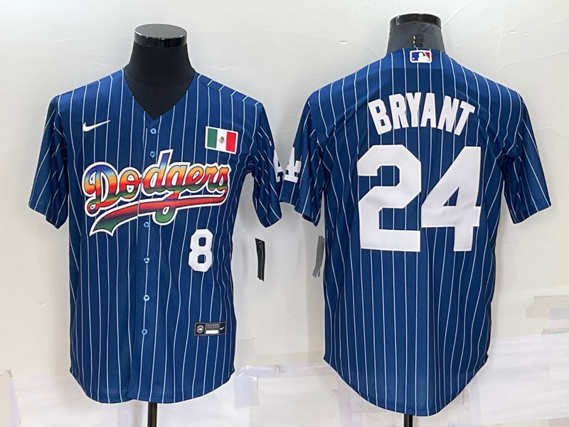 Los Angeles Dodgers #8 #24 Kobe Bryant Number Rainbow Blue Red Pinstripe Mexico Cool Base Nike Jerse