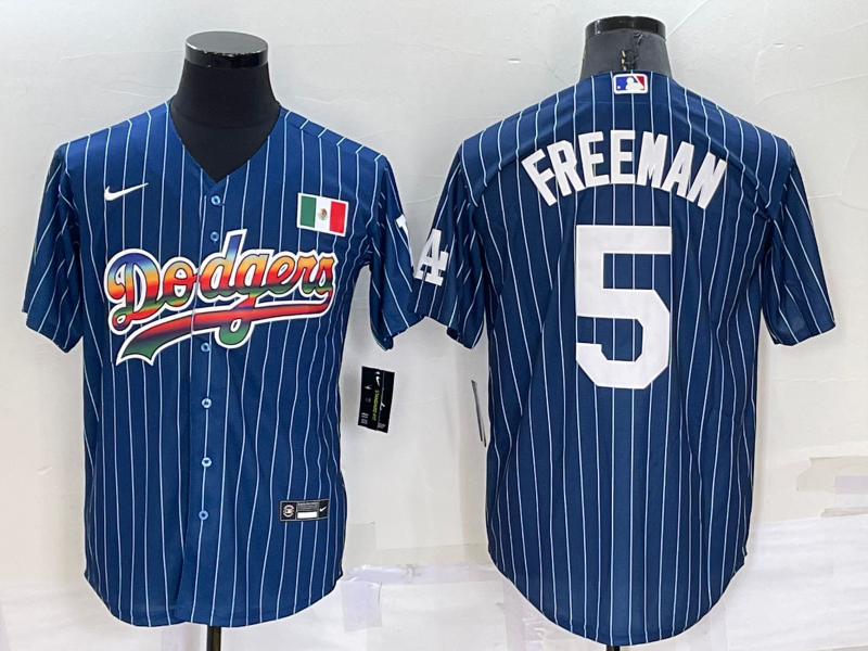 Los Angeles Dodgers #5 Freddie Freeman Rainbow Blue Red Pinstripe Mexico Cool Base Nike Jersey