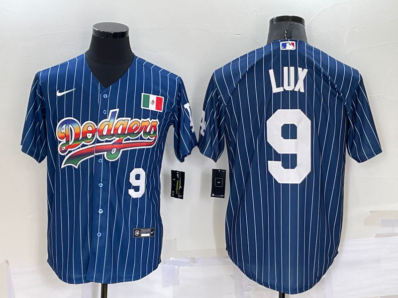 Los Angeles Dodgers #9 Gavin Lux Number Rainbow Blue Red Pinstripe Mexico Cool Base Nike Jersey