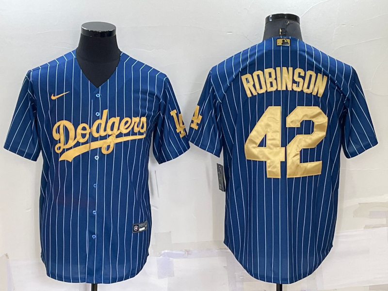 Los Angeles Dodgers #42 Jackie Robinson Navy Blue Gold Pinstripe Stitched MLB Cool Base Nike Jersey