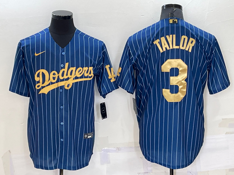 Los Angeles Dodgers #3 Chris Taylor Navy Blue Gold Pinstripe Stitched MLB Cool Base Nike Jersey